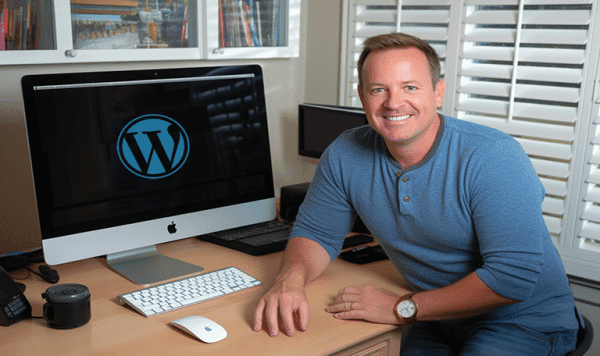 Entrepreneur heureux d'avoir installé WordPress facilement pose devant son mac