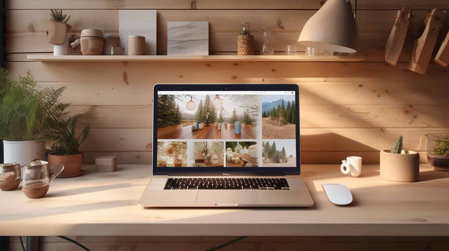 Un ordinateur sur un bureau en bois représente le site web d'un artisan décorateur